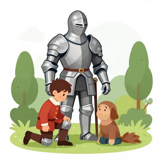 A knight in shining armor gently placing a hand on a squire's shoulder, guiding him to lower one knee to the ground.