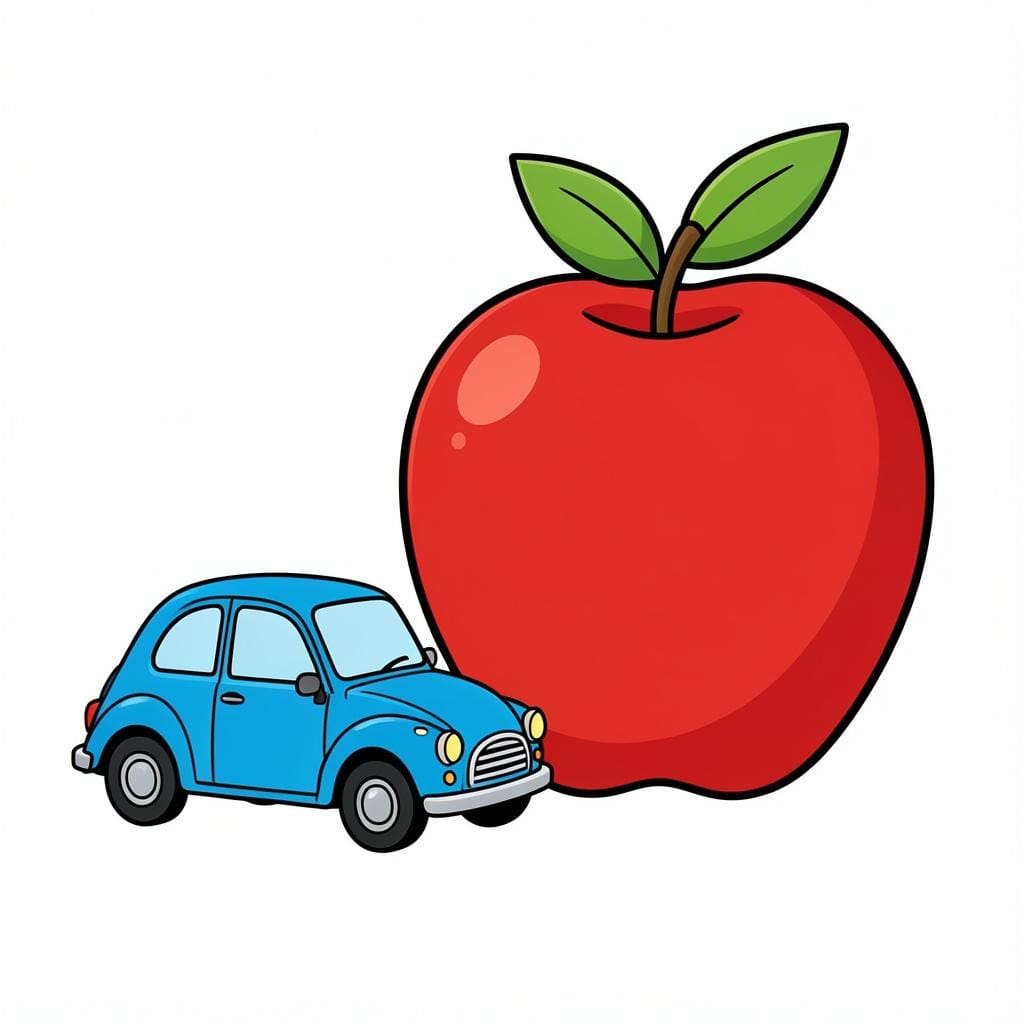 A tiny toy car sitting next to a regular-sized apple to show its small scale.