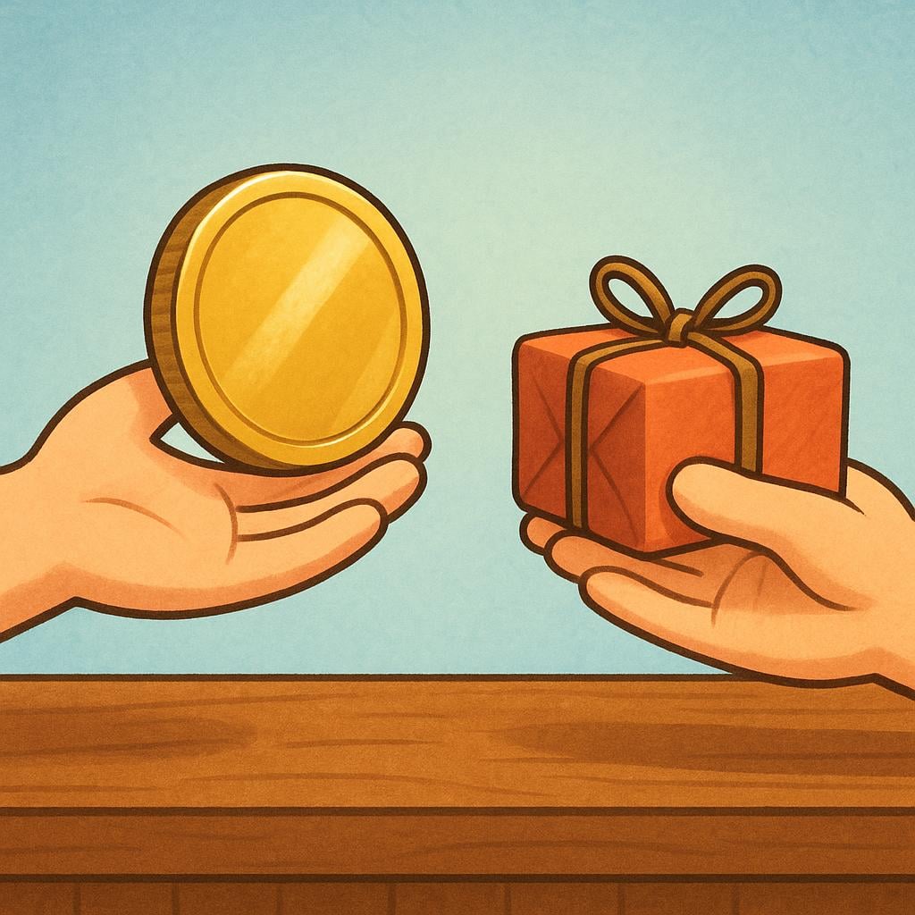 A close-up view of two hands performing a transaction, exchanging a coin for a wrapped package across a simple wooden counter.