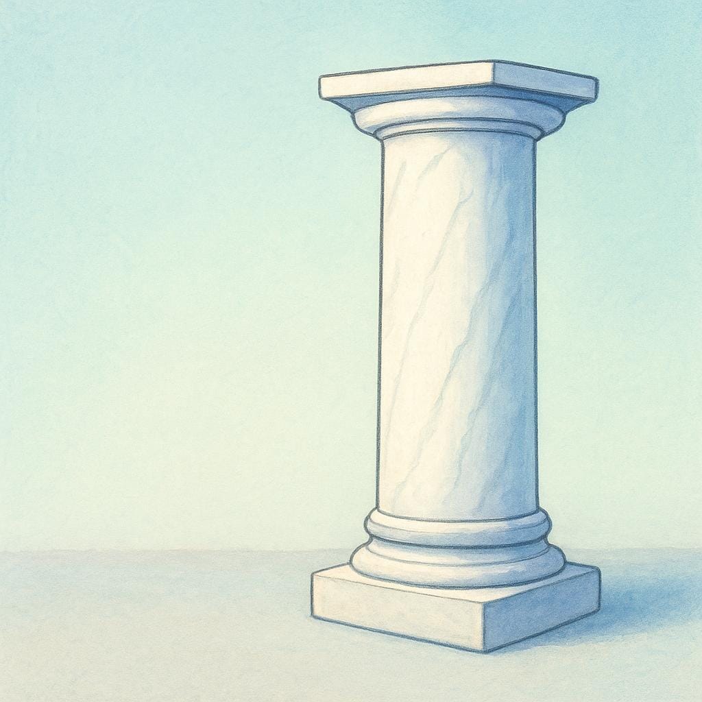 Eine massive, stabile klassische Marmorsäule, die fest auf einem Podest steht und auf der rechten Seite des Bildrahmens positioniert ist und politische Stabilität symbolisiert.
