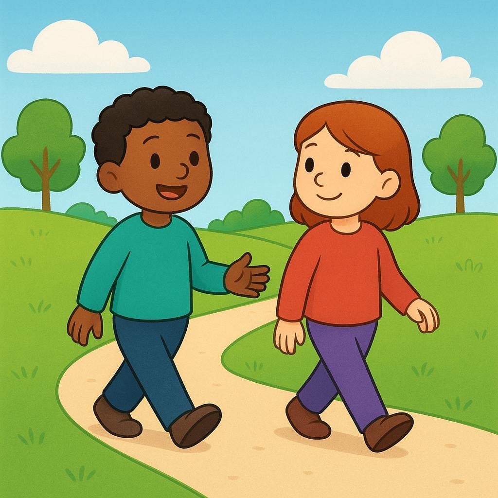 Two friends walking together down a sunny park path, one gesturing for the other to follow.