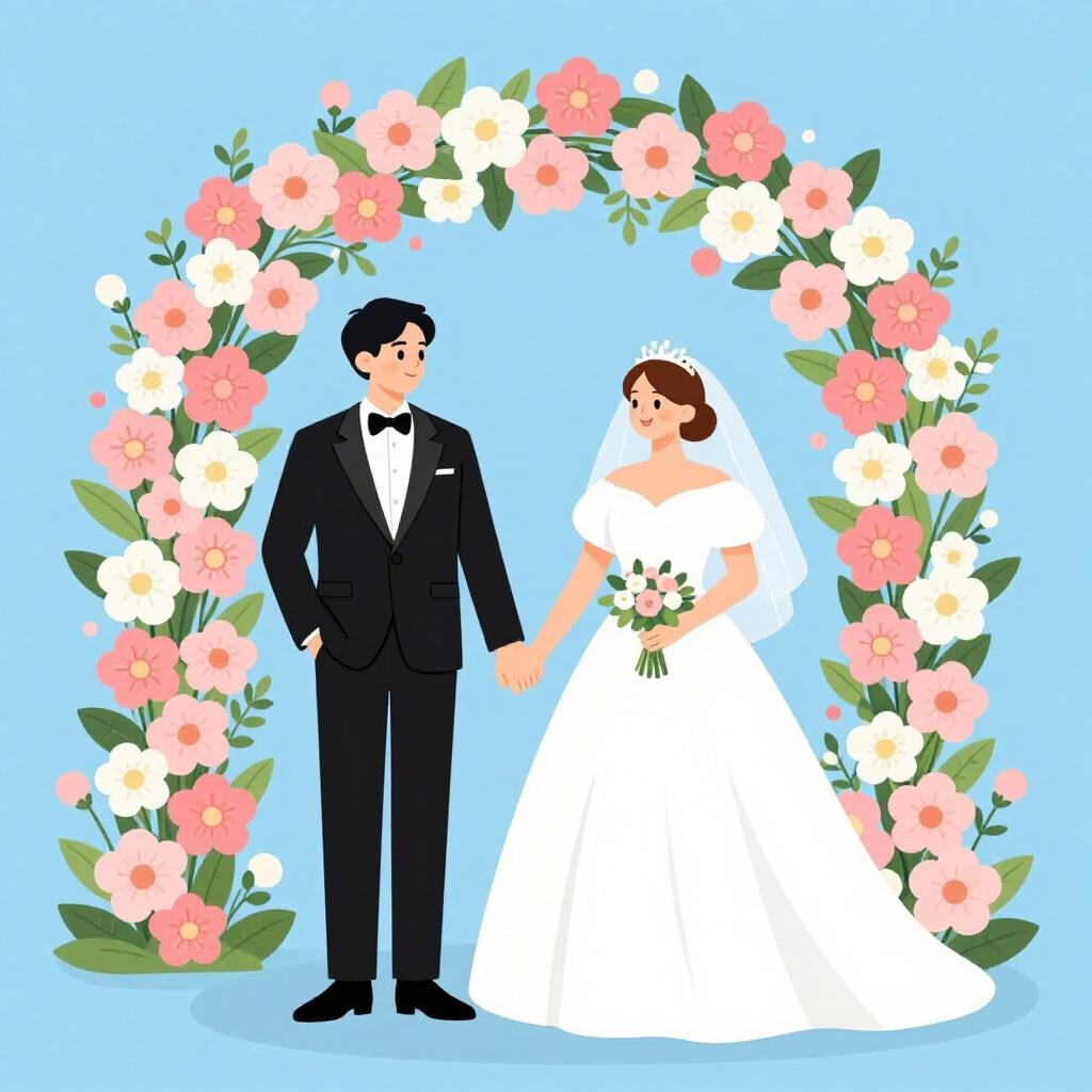 A happy couple in formal wedding attire standing under a floral archway.
