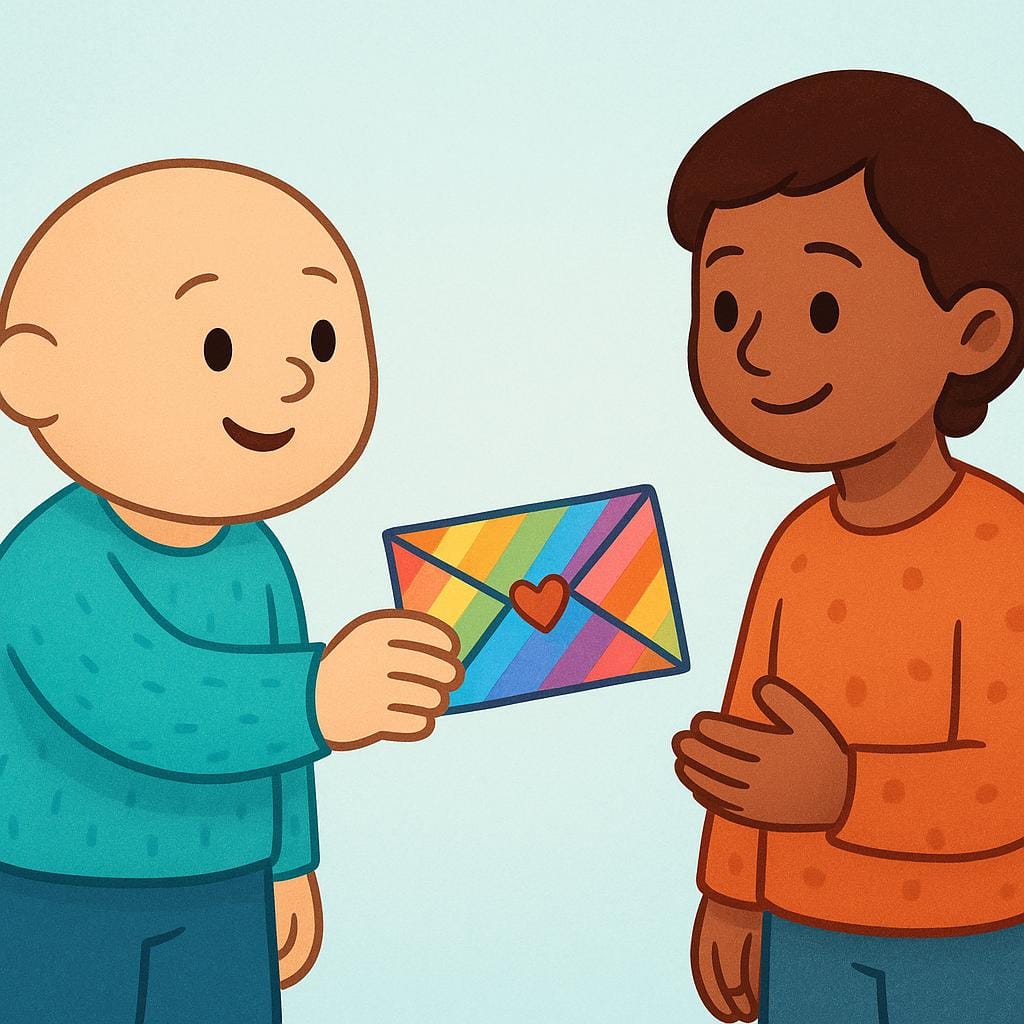 A friendly character holding out a colorful envelope to a smiling recipient, symbolizing an invitation.