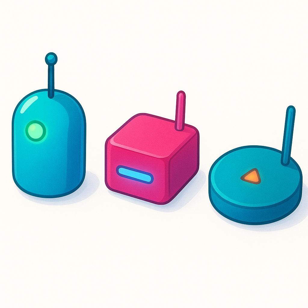 A trio of small, stylized electronic devices, colored red, blue, and green, each featuring a small antenna and a softly glowing indicator light, representing sensors.