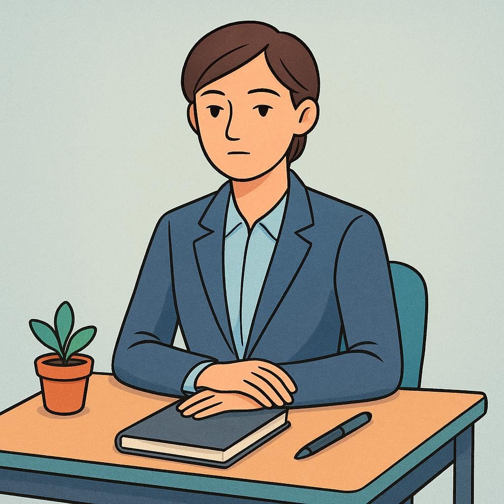 A close-up illustration of a single person sitting alone at a small desk, appearing deep in thought, representing an individual juror.