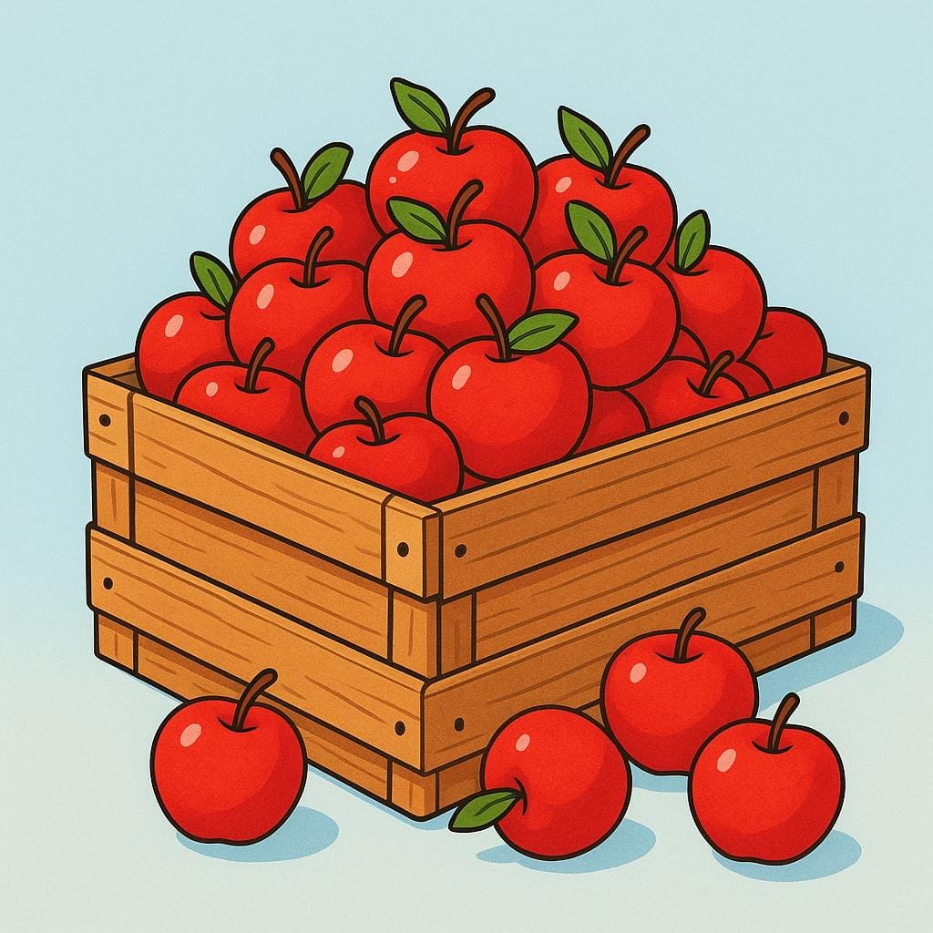 A large, overflowing wooden crate filled to the top with bright red apples.