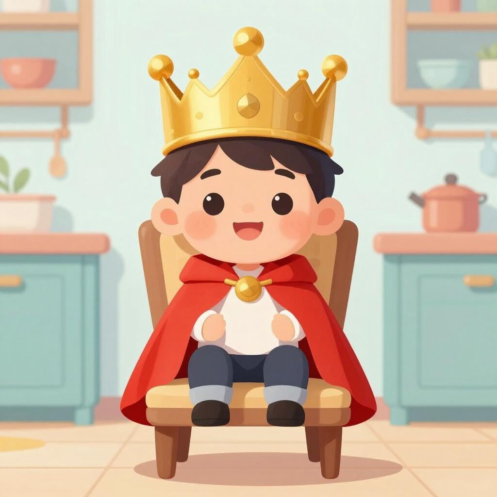 A child wearing a shiny cardboard crown and a red cape, sitting on a wooden chair as if it were a throne.