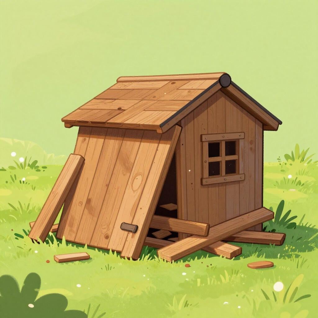 A wooden shack leaning over and crumbling into a pile of boards.