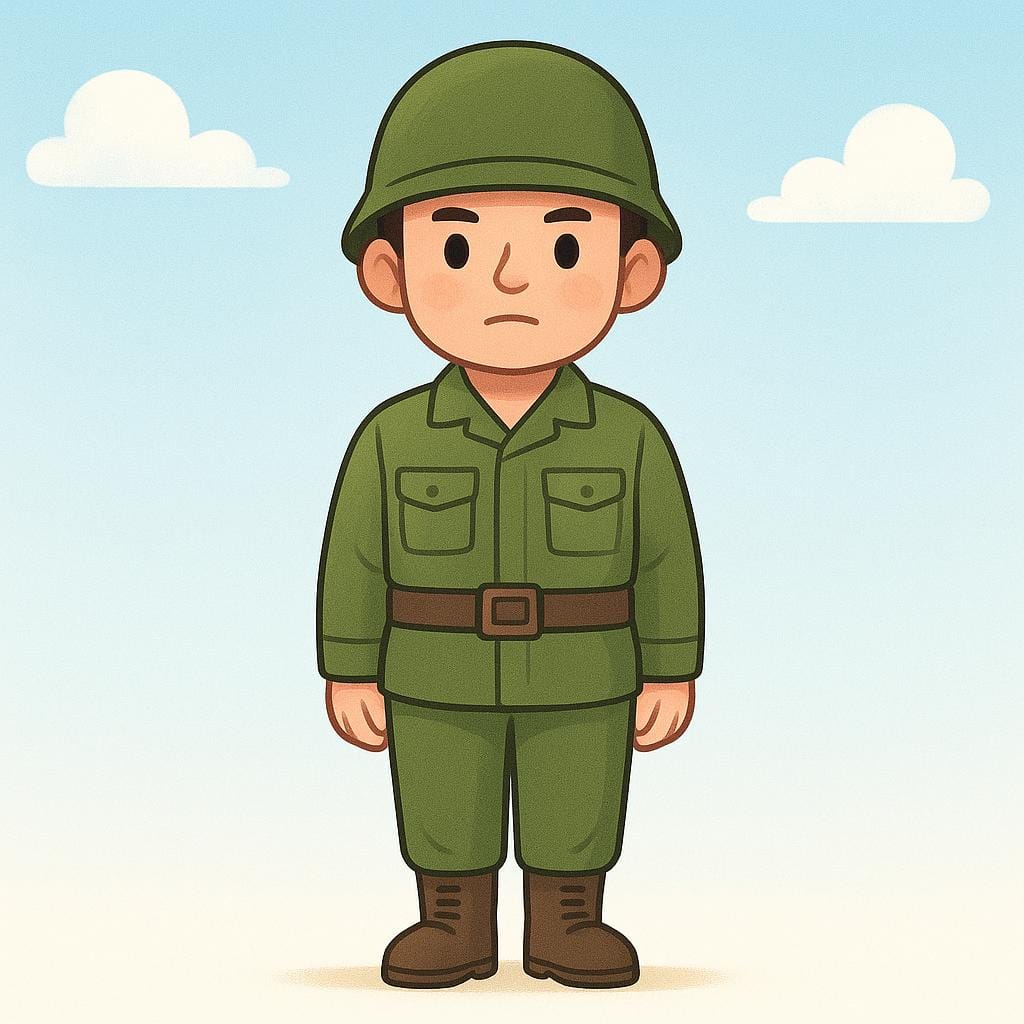 A cartoon illustration of a soldier in a green uniform and helmet standing at attention.