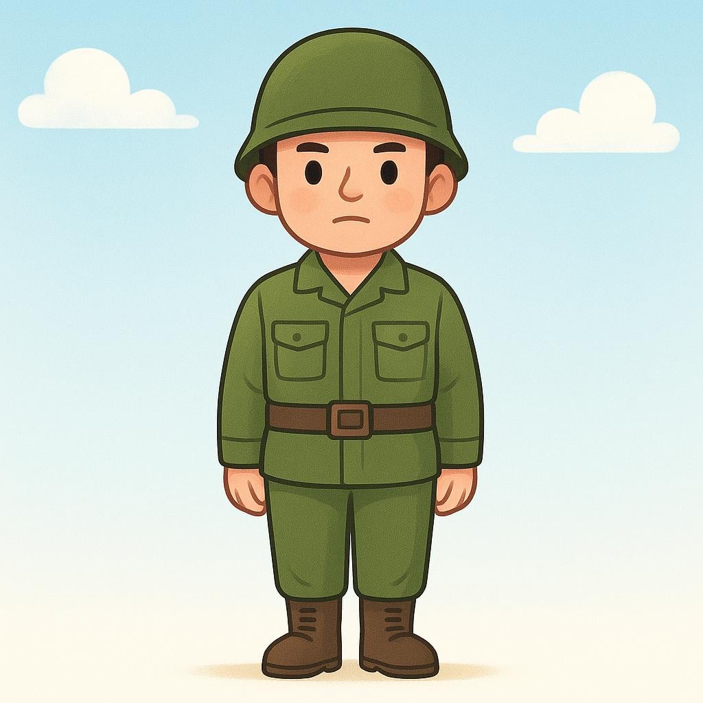 A cartoon illustration of a soldier in a green uniform and helmet standing at attention.