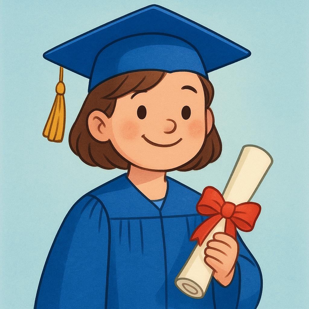 A smiling student wearing a blue academic graduation cap and gown, holding a rolled diploma scroll tied with a red ribbon.