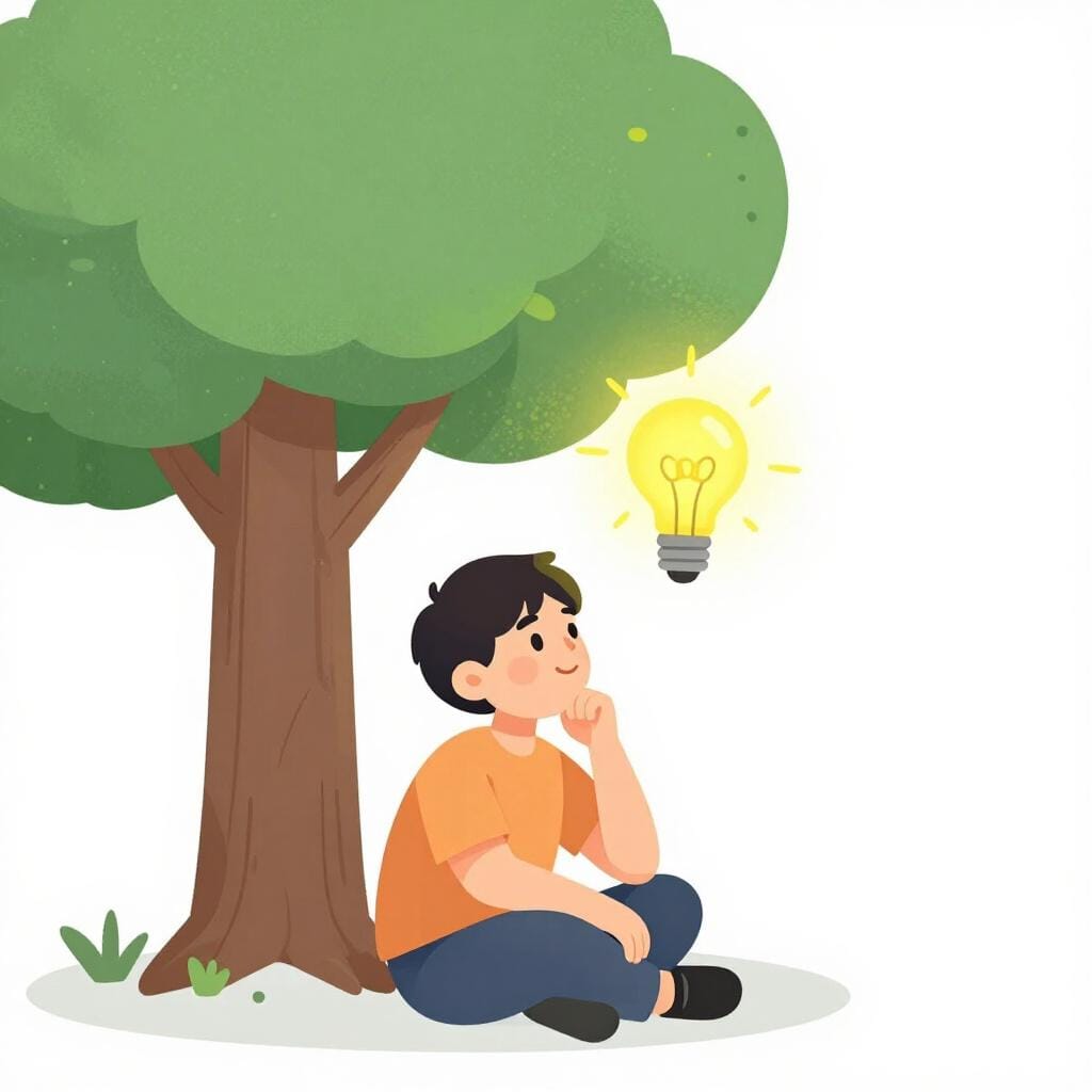 A person sitting under a tree with a bright glowing lightbulb appearing above their head.