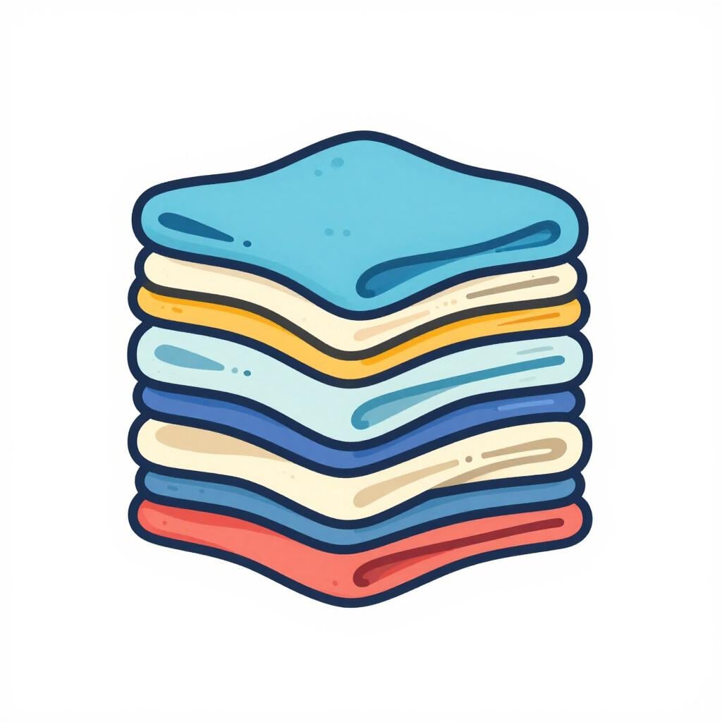 Une pile de vêtements colorés, petite et soigneusement pliée, posée seule sur une surface unie.