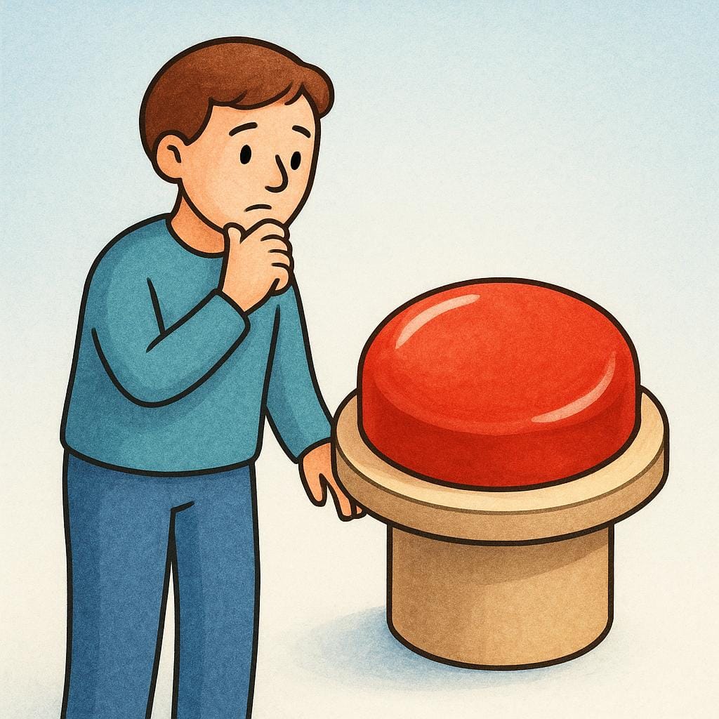 A thoughtful person standing next to a large, prominent red button, contemplating whether to press it, illustrating the concept of considering a circumstance.