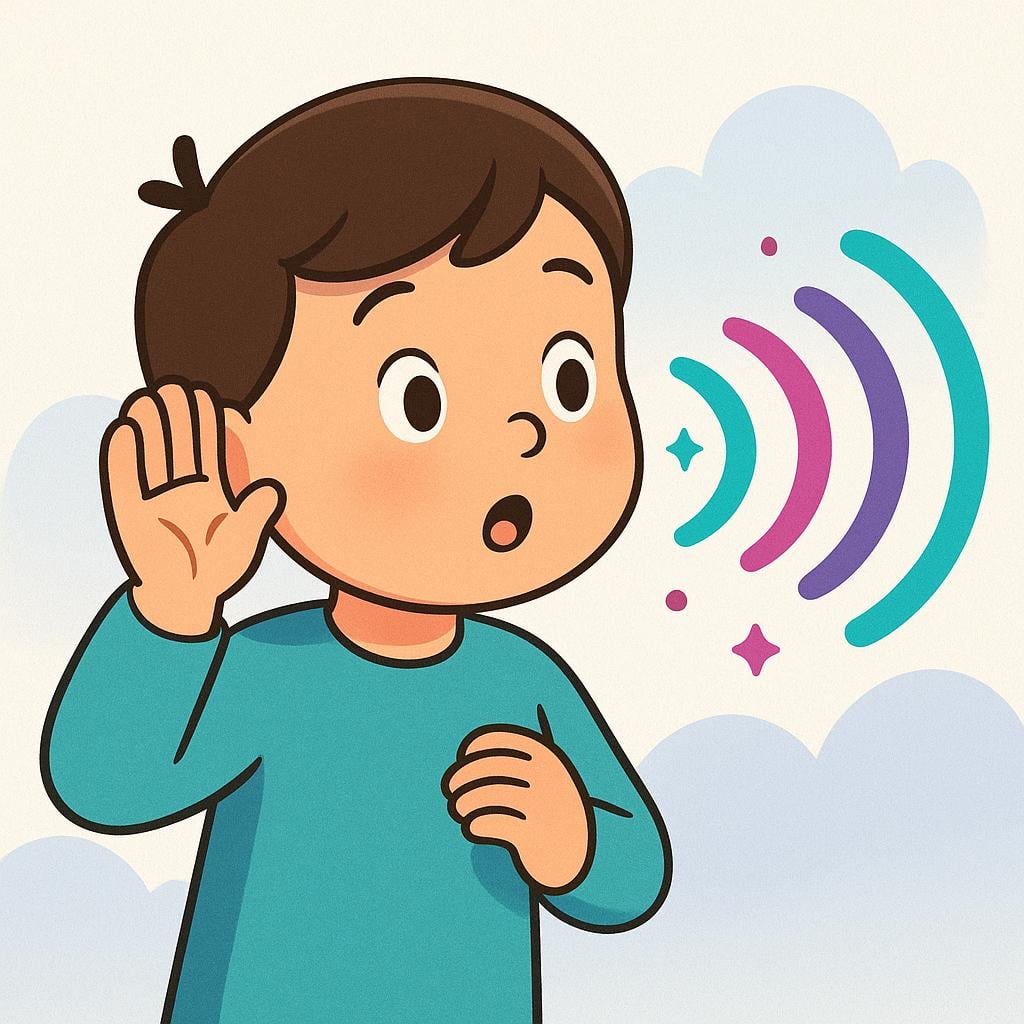A brightly colored storybook illustration of a simple character looking surprised while cupping their hand behind their ear, indicating they have just heard something.
