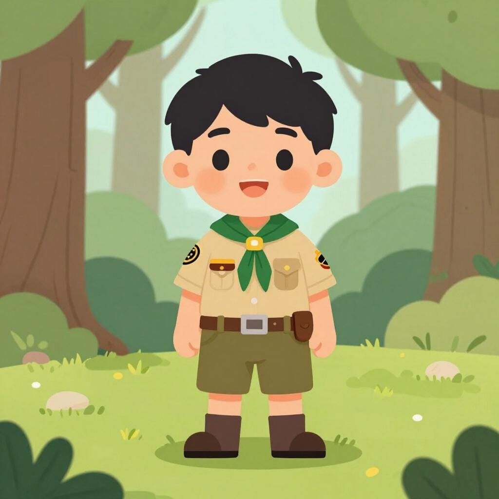 A young boy in a scout uniform with a neckerchief and patches standing outdoors.