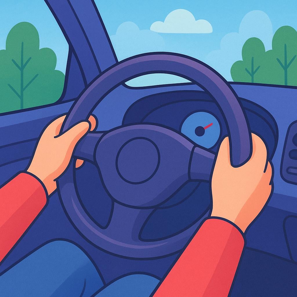 Close-up of two hands firmly gripping a bright red steering wheel inside a colorful car.
