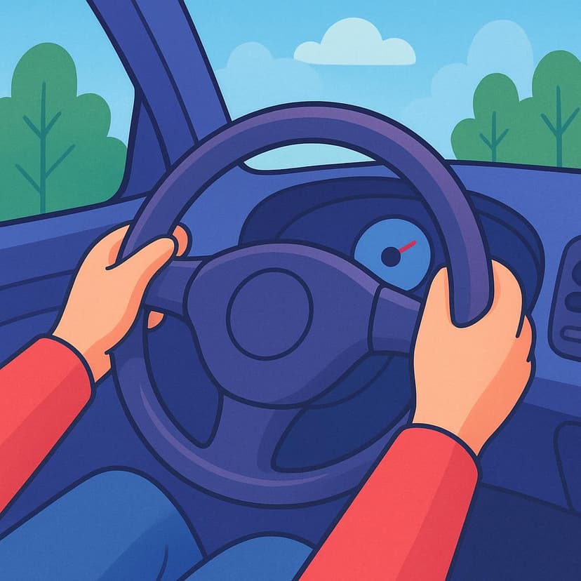 Close-up of two hands firmly gripping a bright red steering wheel inside a colorful car.