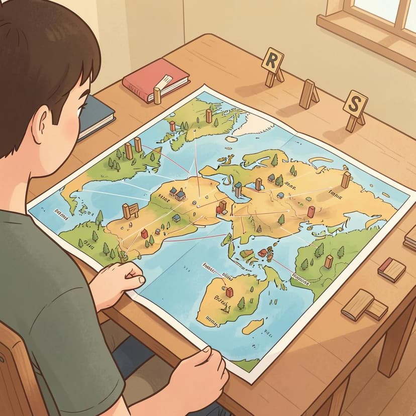 A person looking at a large colorful map spread out on a table with small wooden markers.