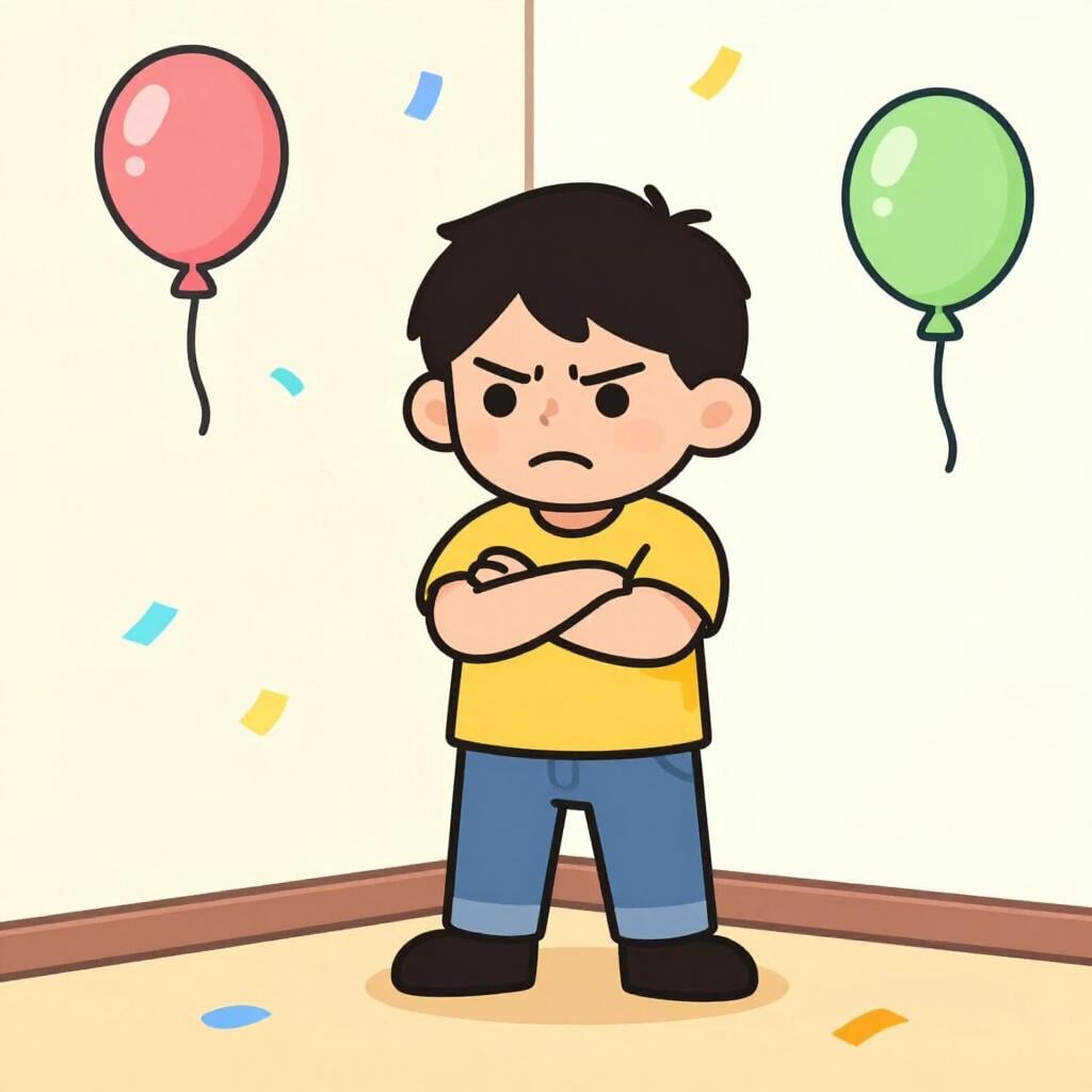 Une personne portant un manteau gris, debout, bras croisés et avec un visage renfrogné lors d'une fête d'anniversaire colorée.