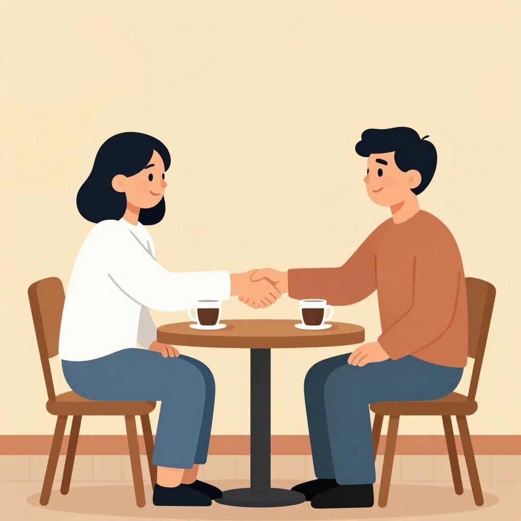 Two people shaking hands across a wooden table with two mugs of coffee.