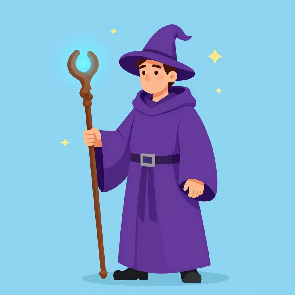 A man in a purple robe holding a glowing wooden staff, surrounded by floating magical sparkles.