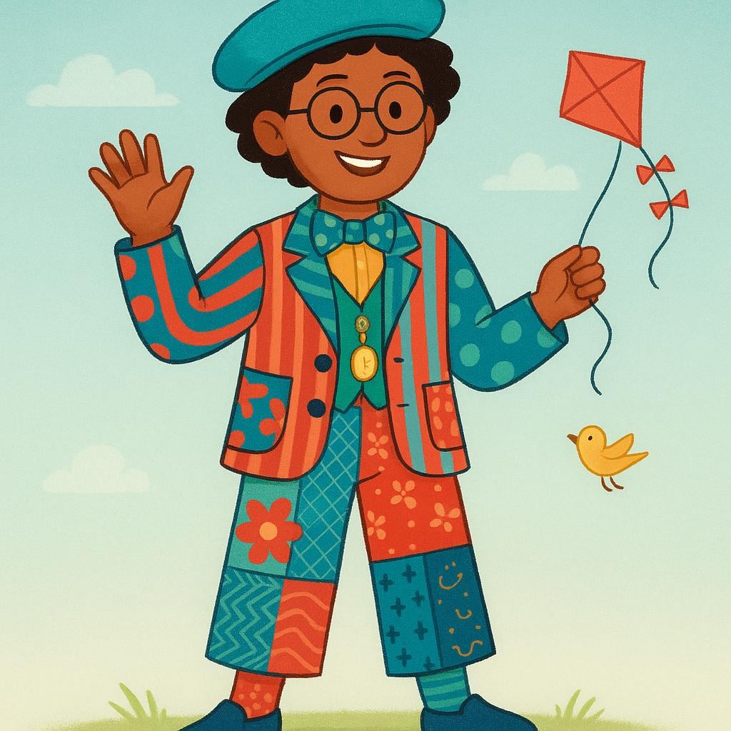 A simple illustration of a uniquely dressed individual wearing brightly patterned and mismatched clothes, demonstrating a distinctive personality.