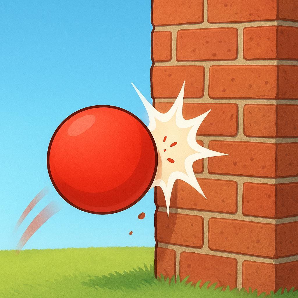A bright red ball suddenly bounces off a tall, rough brick wall in a park, capturing the instantaneous moment of impact.