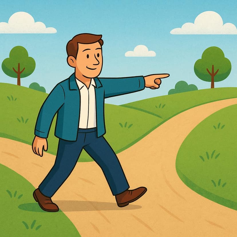 A man stands at a fork in the road, having clearly chosen the path to the right. He is stepping onto that path with a determined expression, symbolizing a past decision.