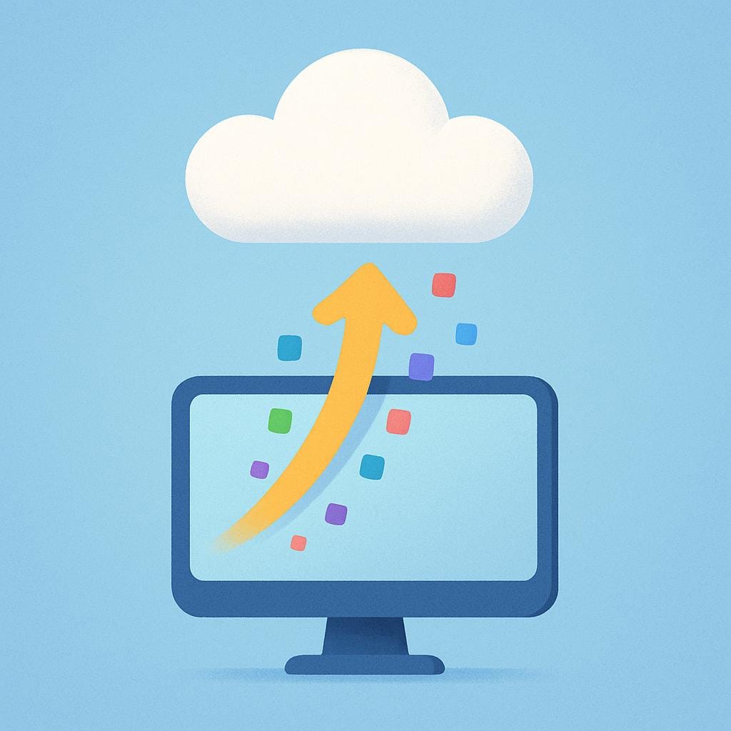 A storybook illustration showing an arrow moving small colorful squares, representing data, from a computer screen up towards a fluffy white cloud icon, representing uploading data.