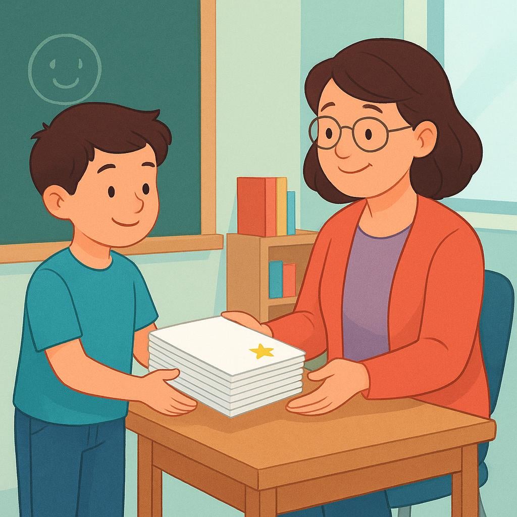 A student places a stack of neatly bound papers onto a large wooden desk in front of a teacher.