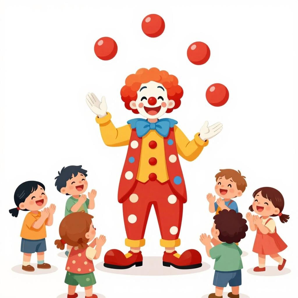 A joyful clown juggling three bright red balls for a group of happy children.