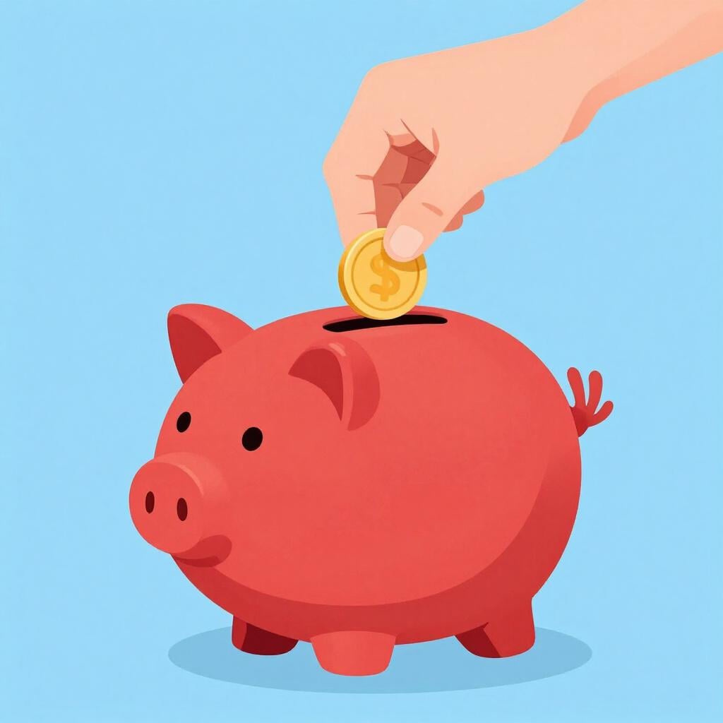 A hand placing a single silver coin into the slot of a red piggy bank.