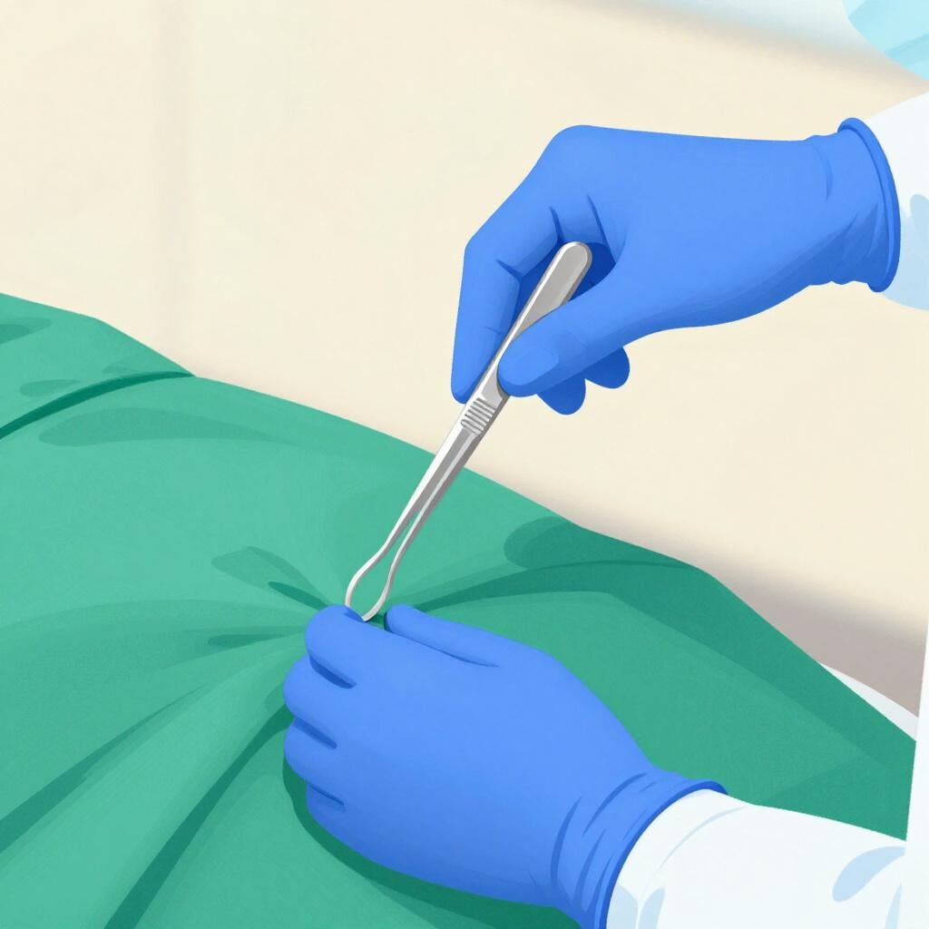 A surgeon's hands in blue gloves holding a small medical tool over a sterile green surface.
