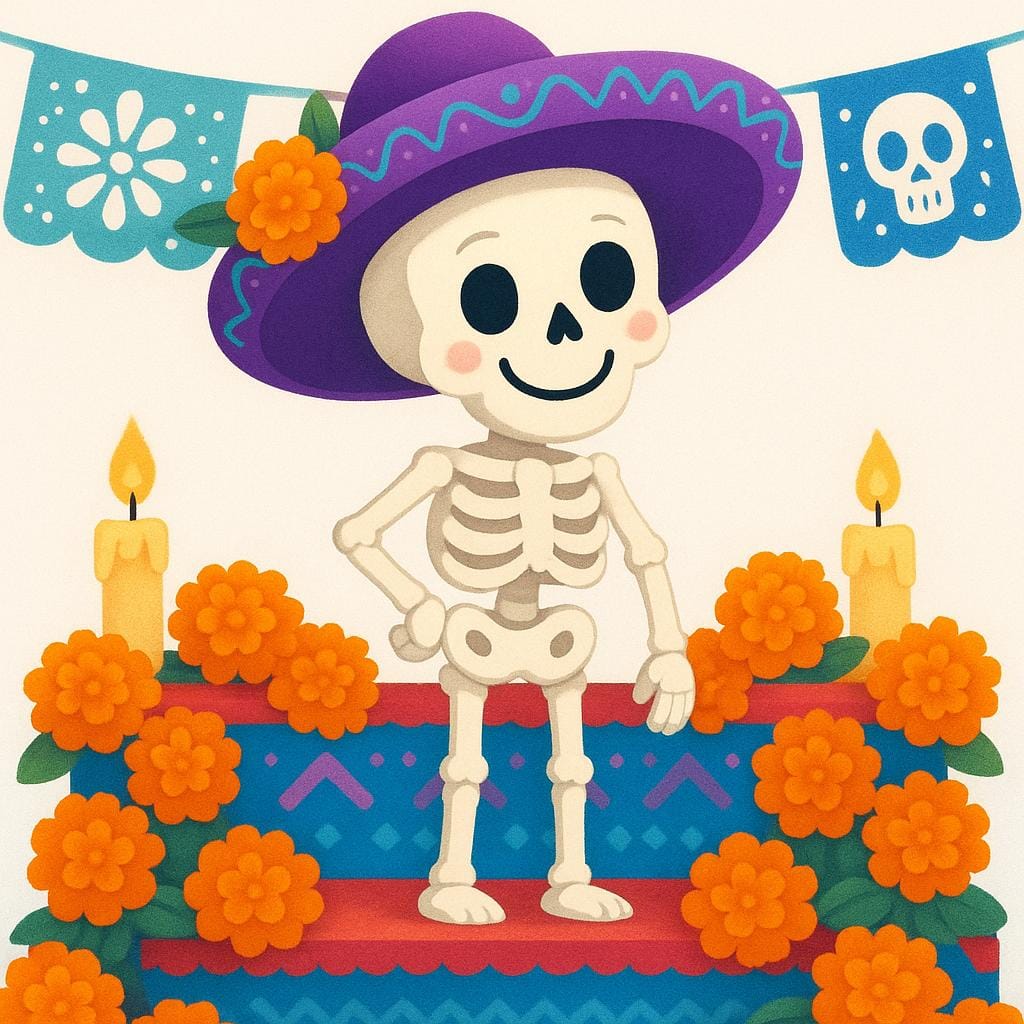Een feestelijk skeletfiguur, dat de doden voorstelt, met een felpaarse sombrero en omringd door levendige oranje goudsbloemen, staand op een kleurrijk altaar.