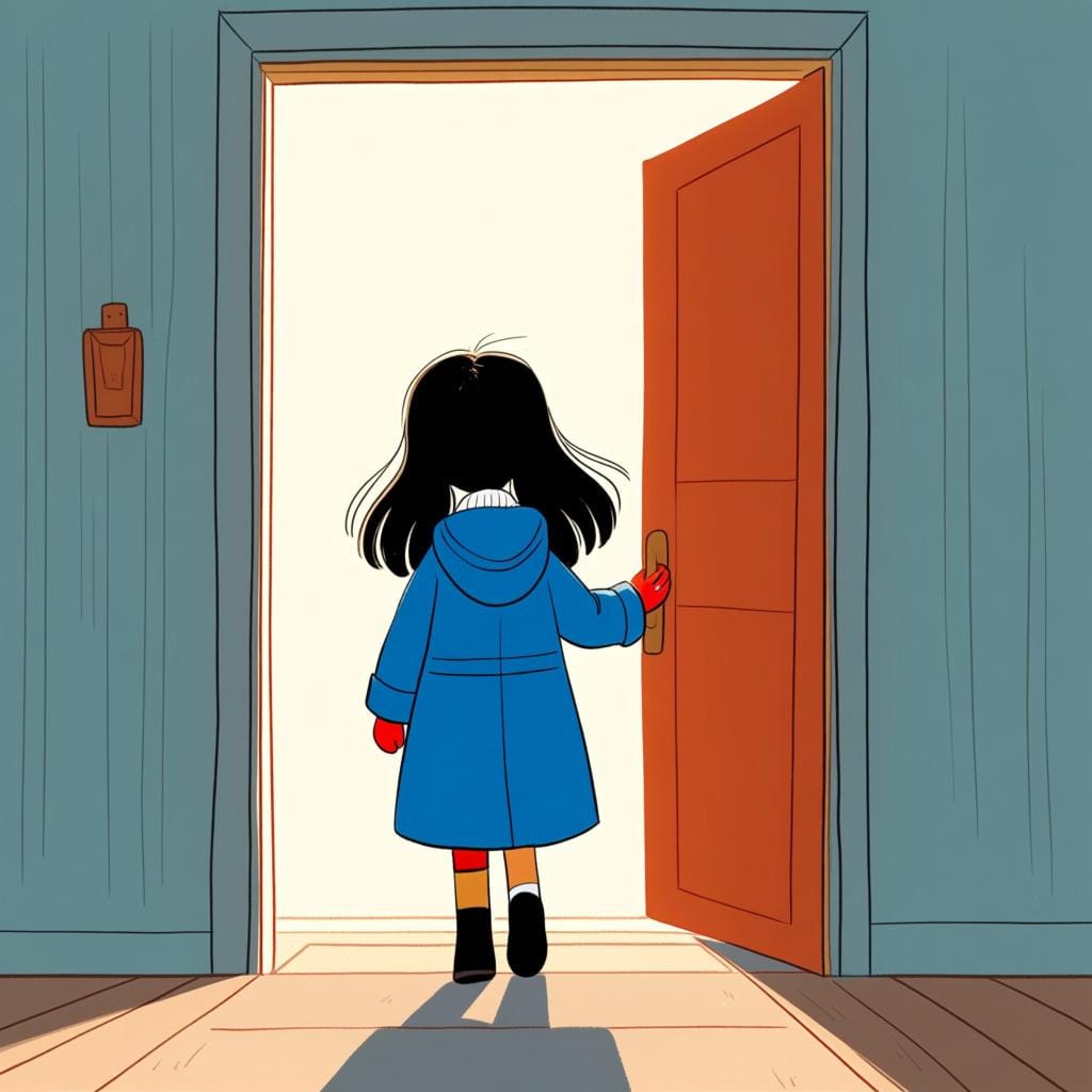A friendly, smiling girl standing directly in an open doorway, having completed her journey and arrived.