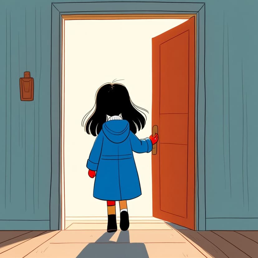 A friendly, smiling girl standing directly in an open doorway, having completed her journey and arrived.