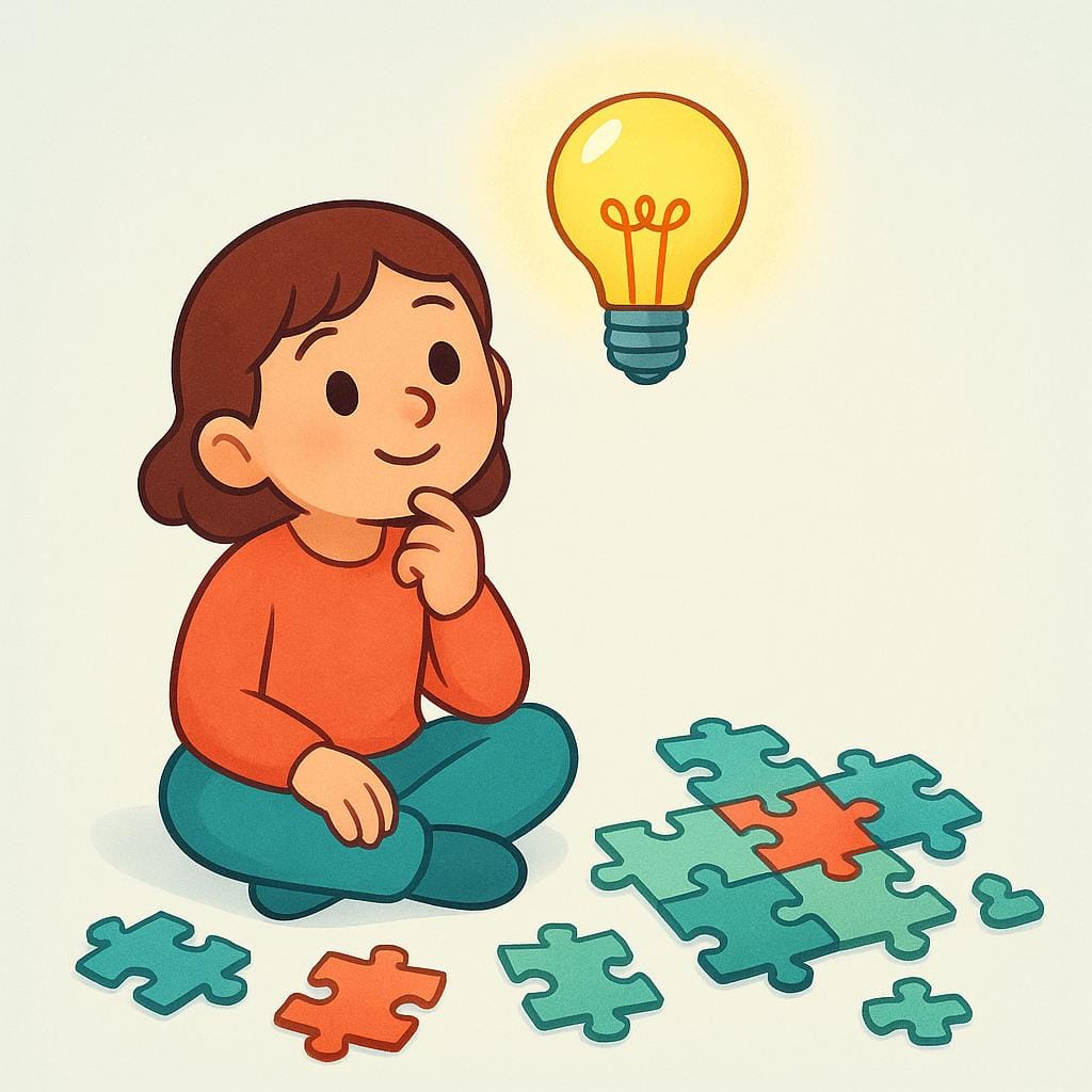 A cartoon character looking thoughtful next to a puzzle, with a bright lightbulb illuminating above their head, symbolizing figuring out a solution.