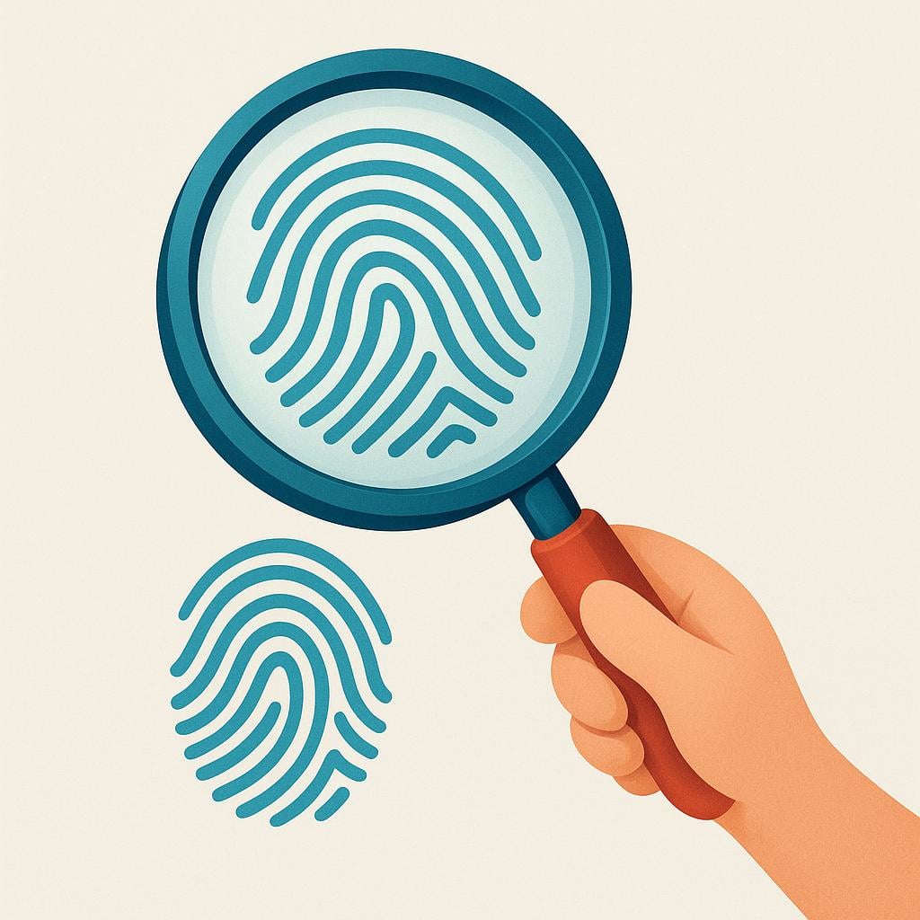 A large magnifying glass focuses sharply on a single fingerprint on a flat surface, symbolizing forensic investigation.