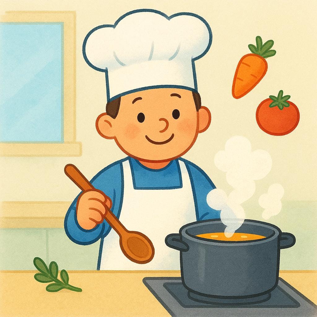 A smiling chef stirring a large pot on a stove, representing a person who works in a specific career.