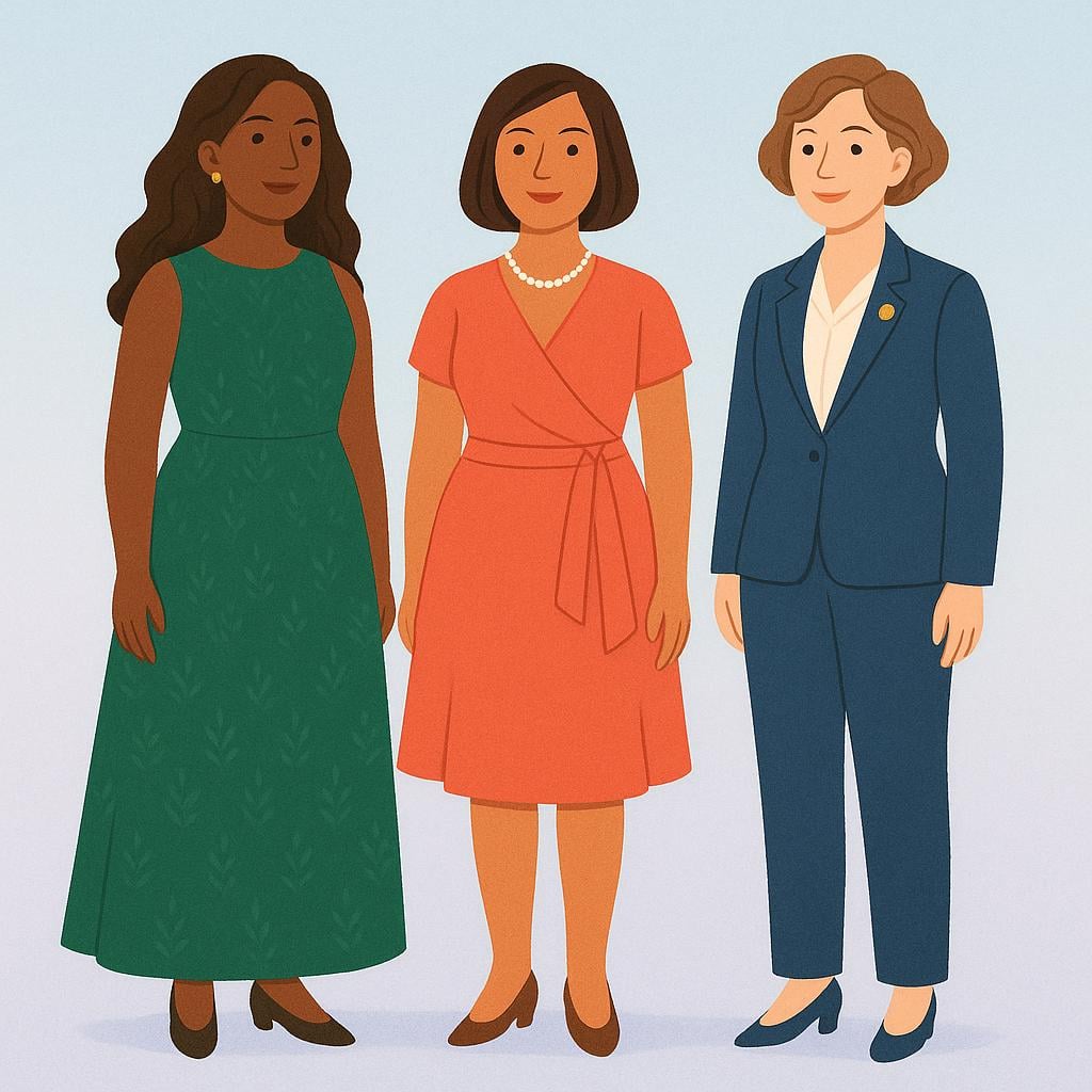 A simple storybook illustration depicting three adult women standing together, dressed in formal attire.