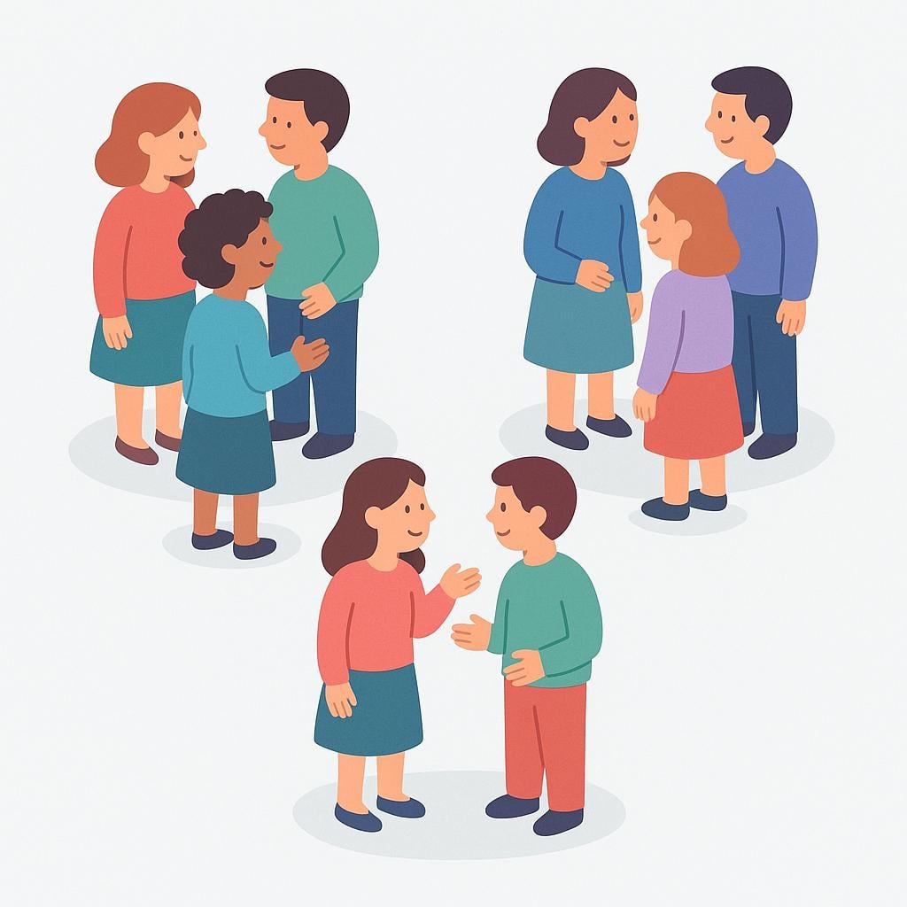 Three distinct groups of people are shown standing and talking, each group forming its own separate, clearly defined circular cluster, illustrating social circles.