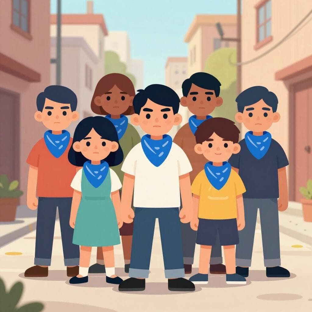 Un groupe de jeunes gens se tenant ensemble dans une ruelle de ville, portant des bandanas assortis.