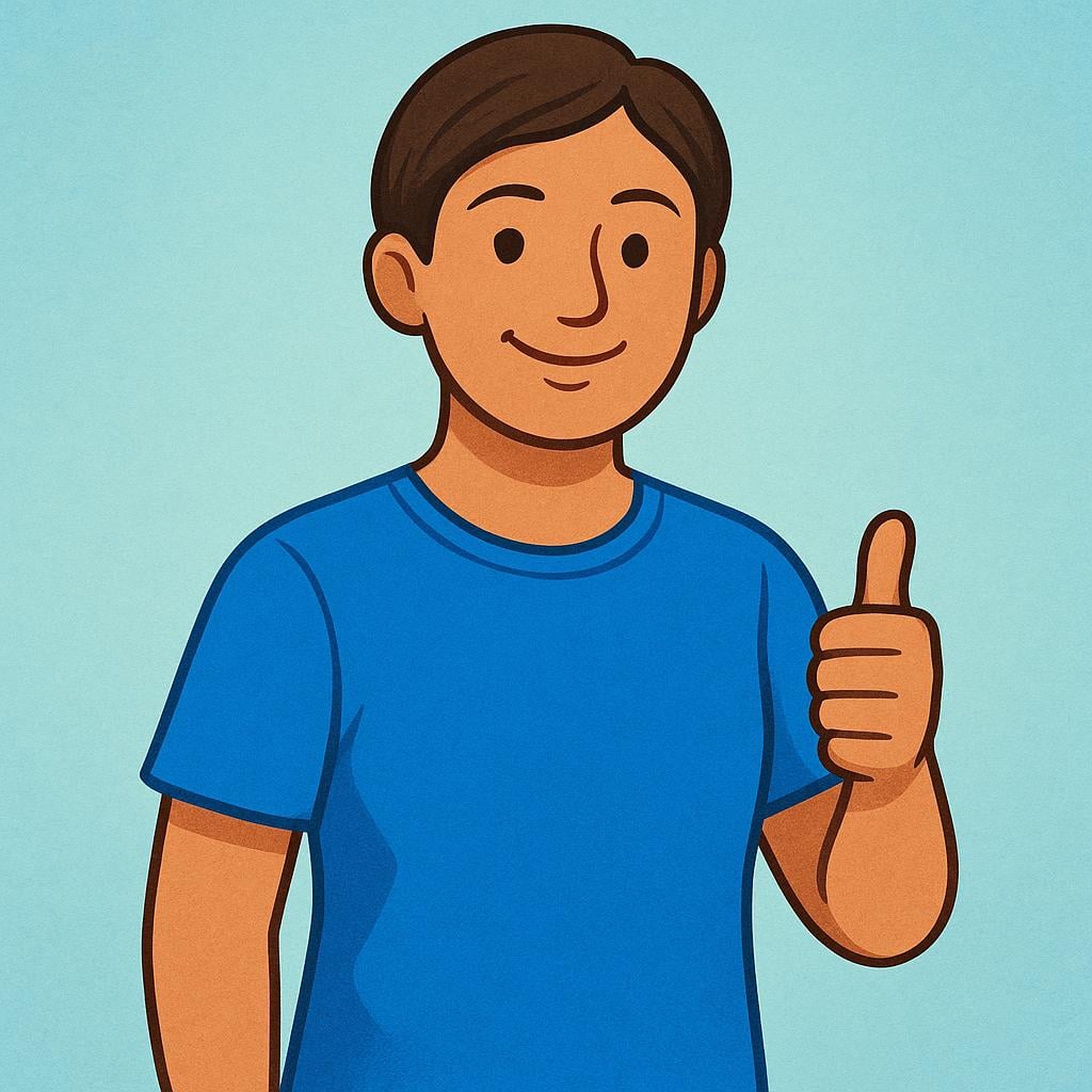 A person happily trying on a bright blue shirt that fits them perfectly, giving a satisfied thumbs-up gesture.