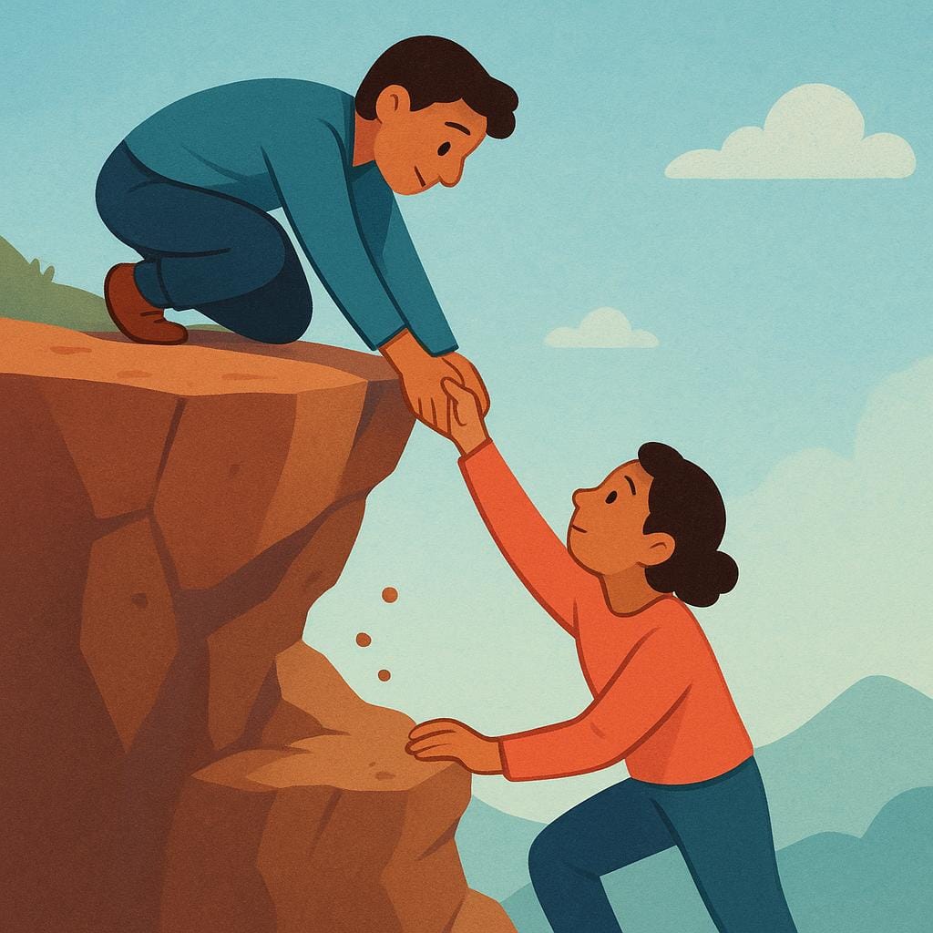 Eine Person auf festem Boden, die fest die Hand einer anderen Person hält, die aus einer niedrigeren, prekären Lage hochgezogen wird.