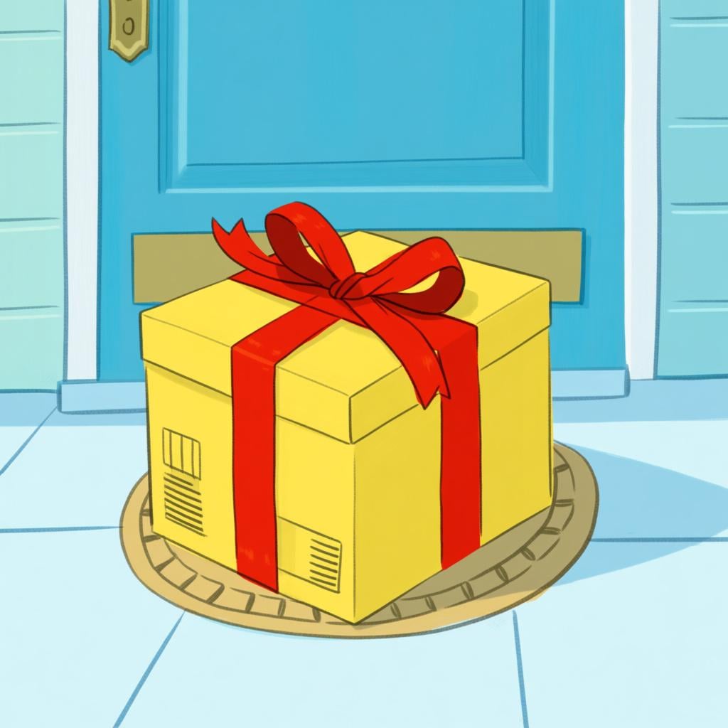 A bright, freshly delivered yellow package tied with a red ribbon rests on a clean, light blue doorstep, symbolizing the newest or most recent item.