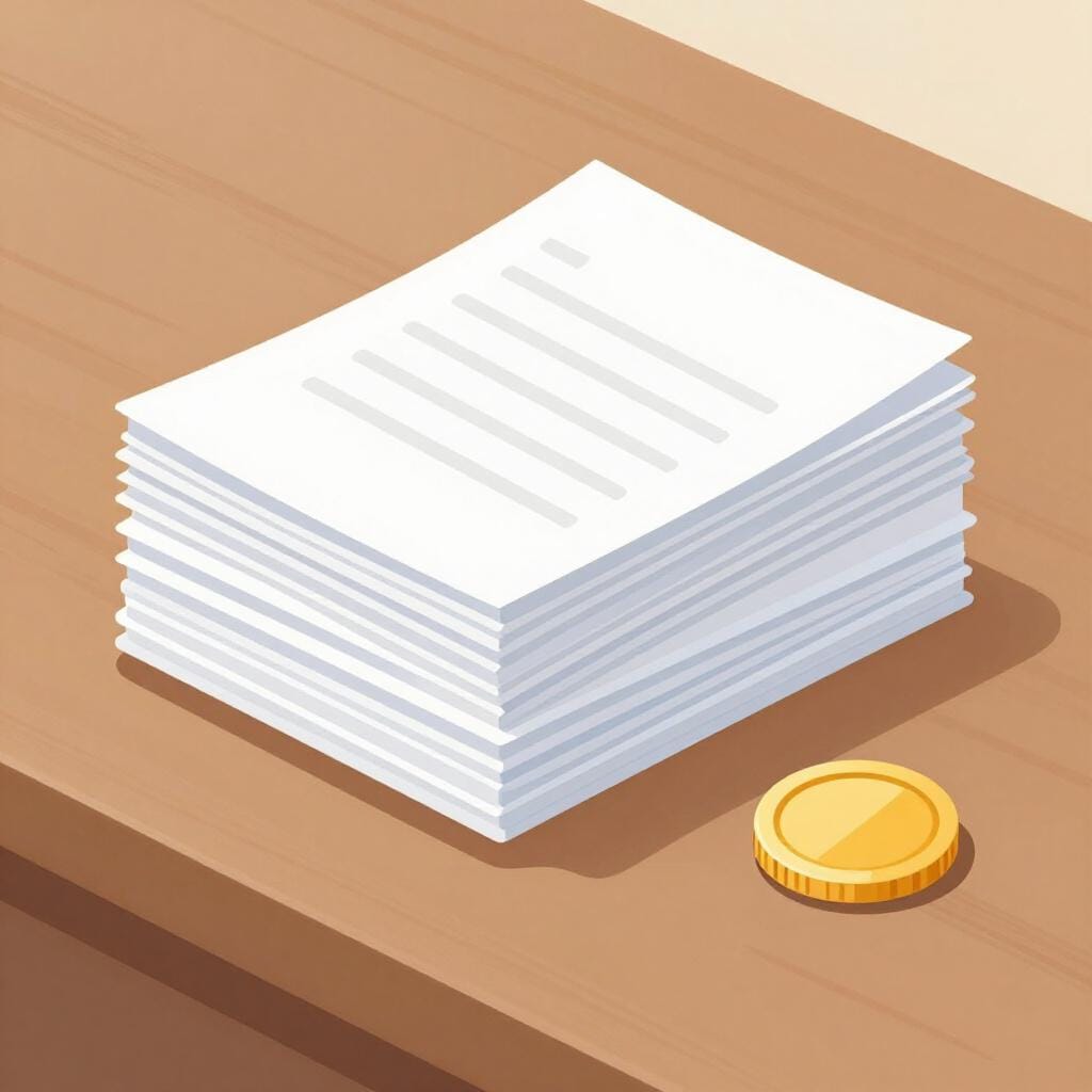 折りたたまれた書類の山と、木製のテーブルの上に置かれた金貨。