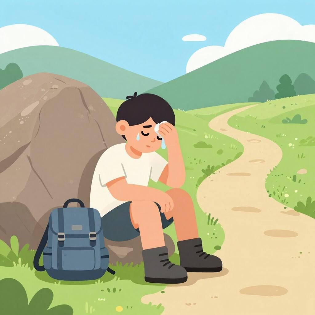 Een wandelaar die op een rots zit en zweet van zijn voorhoofd veegt met een rugzak op de grond.