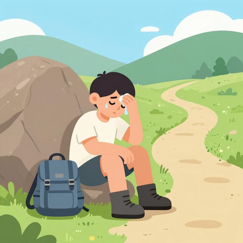 Een wandelaar die op een rots zit en zweet van zijn voorhoofd veegt met een rugzak op de grond.