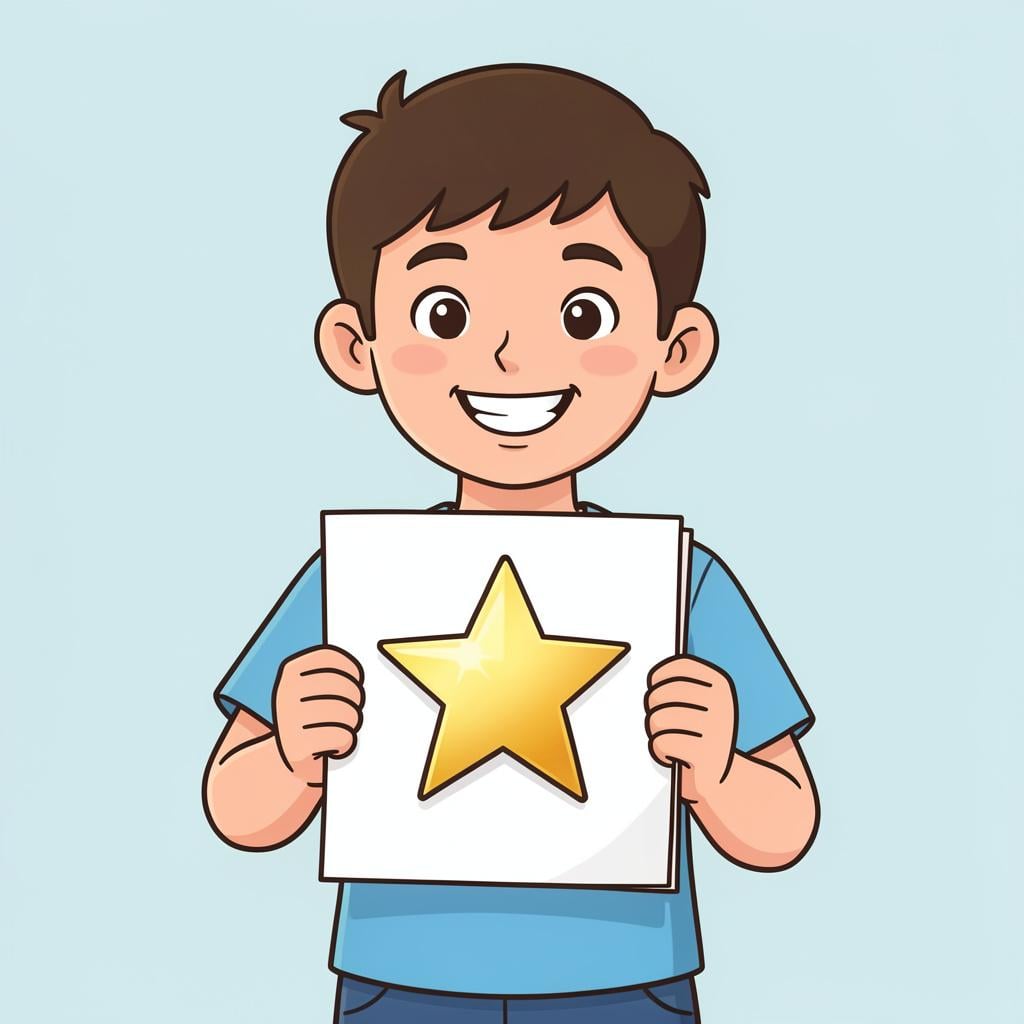 A happy student holding a paper with a large gold star on it.